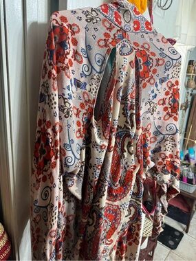 Free People boho  Floral Paisley Kimono Cardigan in Cream, Red & Blue